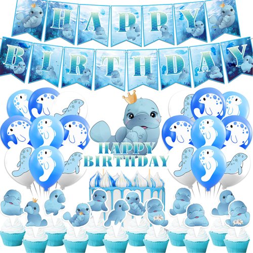 Manatee Party Decorations Manatee Animal Birthday Party Supplies Includes Manatee Happy Birthday Banner Cake Topper Cupcake Toppers Balloons for Birthday Decorations Baby Showers