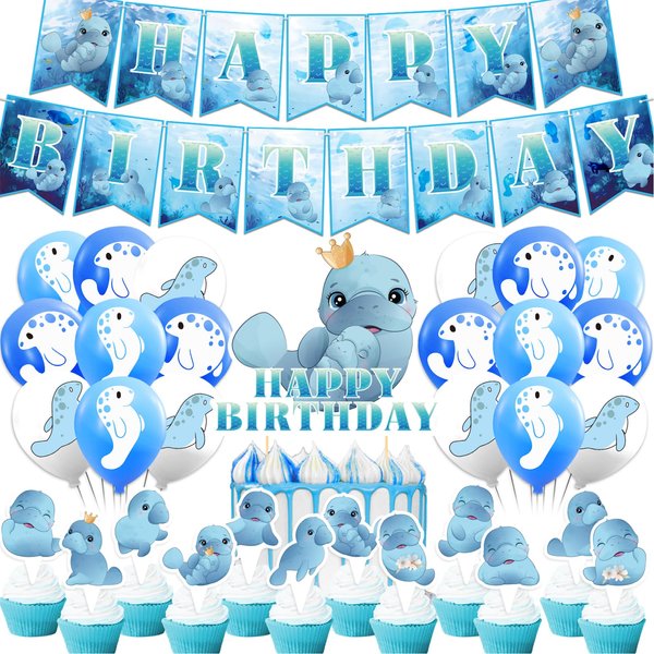 Manatee Party Decorations Manatee Animal Birthday Party Supplies Includes Manatee Happy Birthday Banner Cake Topper Cupcake Toppers Balloons for Birthday Decorations Baby Showers