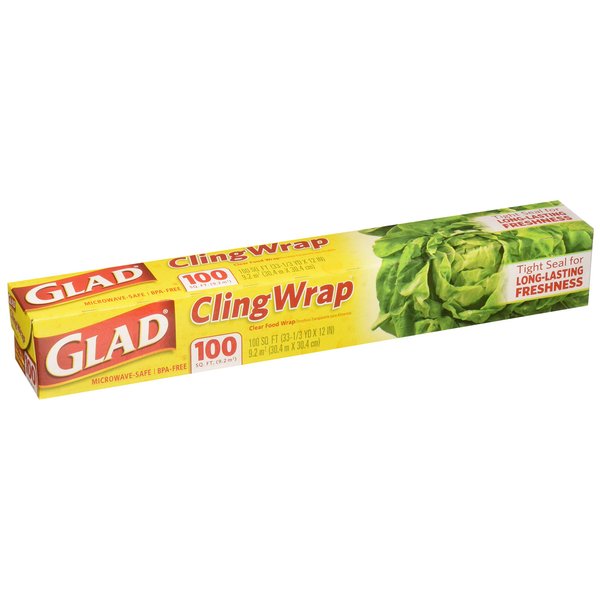 Glad Cling Wrap, Clear Food Wrap, BPA -Free, Microwave Ready, 100 Sq Ft/Roll, 33.3 Yard x 12 Inch Box (Pack of 2)