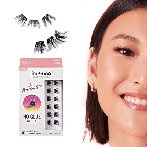 KISS imPRESS False Eyelashes, Lash Clusters, Falsies, Elegant Volume', 12mm-14mm, Includes 12 pieces of pre-bonded lashes, Contact Lens Friendly, Easy to Apply, Reusable Strip Lashes