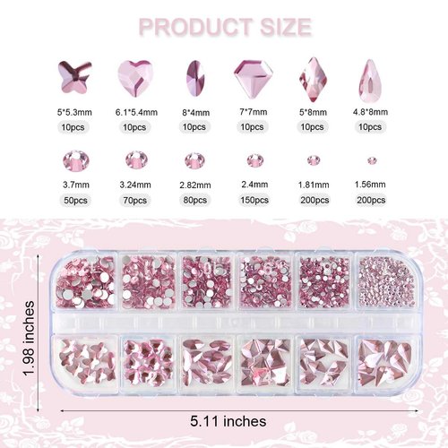 810 Pieces Multi Shapes Nail Rhinestones 60 Multi Shapes Big Gems + 750 Flatback Round Beads 3D Glass AB Crystal Nails Rhinestones for Nail Art Crafts DIY Faces Makeup Stones Diamonds Jewels (Pink)