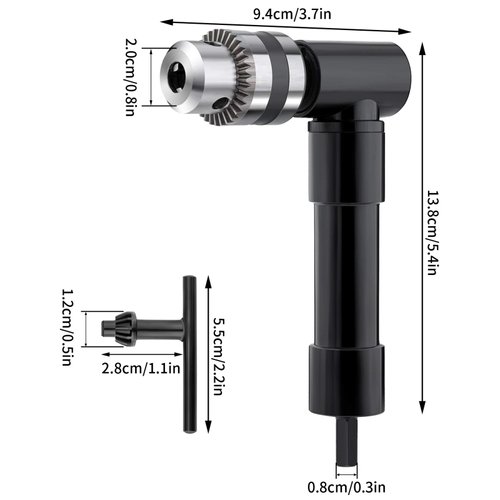 OCGIG Cordless Right Angle Drill 1-10mm Attachment Adapter 90 Degree Handle Chuck 3/8" Keyed Extension Drilling Tool