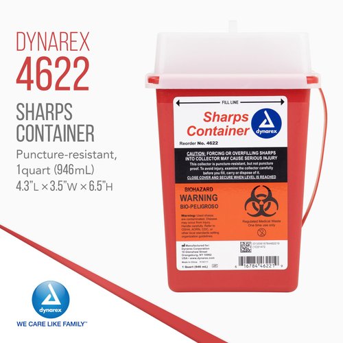 Dynarex Sharps Container, Durable Biohazard Container for Used Medical Hypodermic Needles and Sharp Medical Instruments, Transparent Lid, 1 Quart - 1 Container