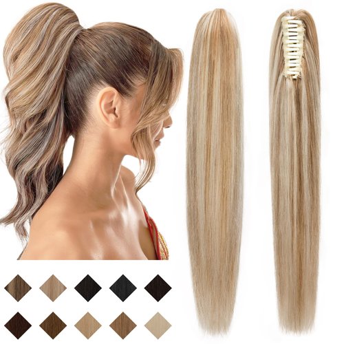 SEGO Claw Clip Ponytail Extension Human Hair Clip in Ponytail Hair Extensions 100% Real Human Hair Pony Tails Hair Extensions Long Straight For Women 14 Inch Golden Brown&Bleach Blonde 105 Gram