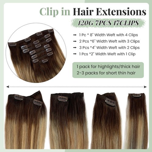 120G Clip in Hair Extensions Real Human Hair, Balayage Clip in Hair Extensions Walnut Brown to Ash Brown Mix Platinum Blonde Hair Extensions Clip in Short Straight Remy Hair 12 Inch 7PCS