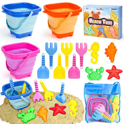 Dreamon Beach Toys for Kids 3-10, Collapsible Sand Castle Toys for Beach Include 3 Pack Foldable Buckets, Shovels Molds and Storage Mash Bag, Sandbox Travel Toys for Toddlers Kids