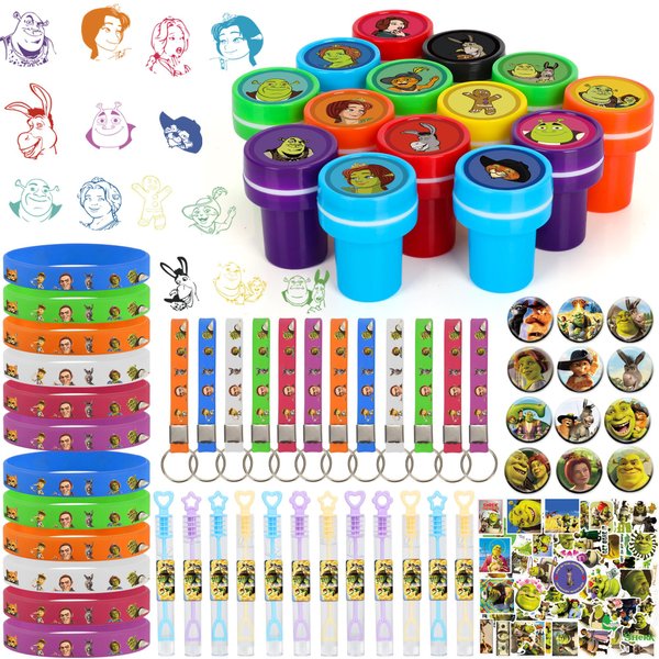 Yesenly 124Pcs Birthday Party Supplies, Party Favors Toys Set, Gift for Fans Kids Includes Cartoon Stamps, Bubble Wand, Keychains, Wristbands, Button Pins, Stickers