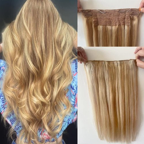 Blonde Wire Hair Extensions Real Human Hair, Balayage Hair Extensions Wire Human Hair, 70g 14Inch Wire Hair Extensions Balayage Hair Extensions Human Hair Clip ins Ombre Golden Brown to Light Brown and Platinum Blonde Highlight One Hairpiece Natural Real 