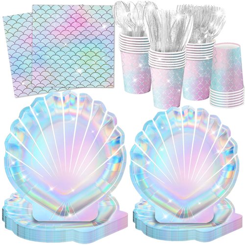 QIYANPAX 168 Pcs Mermaid Party Supplies Mermaid Birthday Decorations Includes Plates Napkins Cups Cutlery for Under the Sea Party Decorations, Serve 24