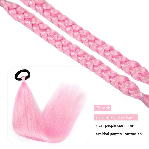 Kids Ponytail Extension With Hair Tie, Pink Ponytail Extension, Crazy Hair Day Colored Hair Extensions for Kids, Festival Hair Rave Hair Extensions 2 Packs 25 inch