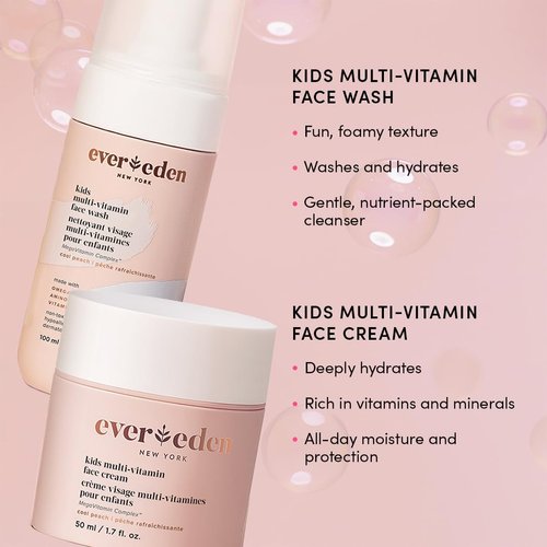 Evereden Kids Happy Face Duo (Cool Peach) - Multi-Vitamin Kids Face Wash & Kids Face Cream Set - Clean & Vegan Skin Care for Kids 3+ - Moisturizing, Nourishing, & Protective Kids Skin Care Set