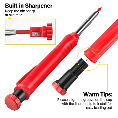 Hiboom 2 Pack Solid Carpenter Pencil with 14 Refill, Long Nosed Deep Hole Mechanical Pencil Marker with Built-in Sharpener for Carpenter Woodworking Architect with Design Patent (Black, Red)