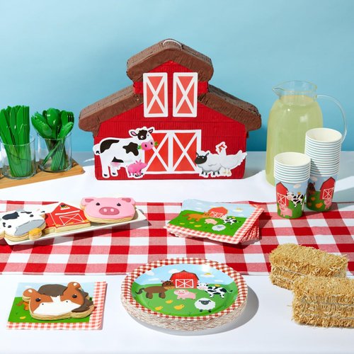 Juvale 144-Piece Barnyard Birthday Party Supplies Set, Farm Animal Party Decorations With Paper Plates, Dinner Napkins, 9 oz Cups, and Plastic Cutlery (Serves 24 Guests)