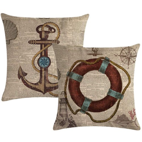7COLORROOM Set of 2 Vintage Sea Theme Pillow Covers with Nautical & Ocean Style Life Buoy& Anchor Pattern Cushion Covers Beach Cotton Linen Home Decorative 18”×18” Pillowcases(Vintage Sea)