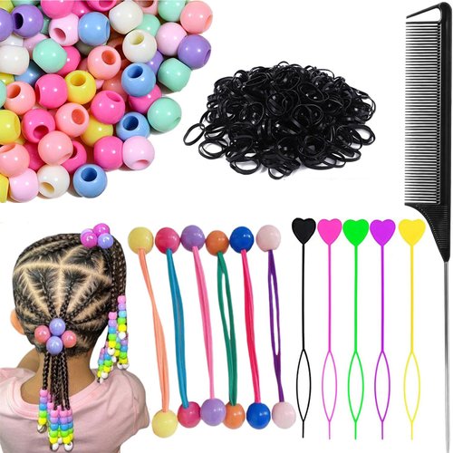 412pcs Hair Beads Set for Braids for Girls Includes 200pcs Hair Beads for Kids Hair Braids,5pcs Quick Beader for Hair Braids, 6pcs Ponytail Ball Elastics,200pcs Elastic Rubber Bands and Rat Tail Comb