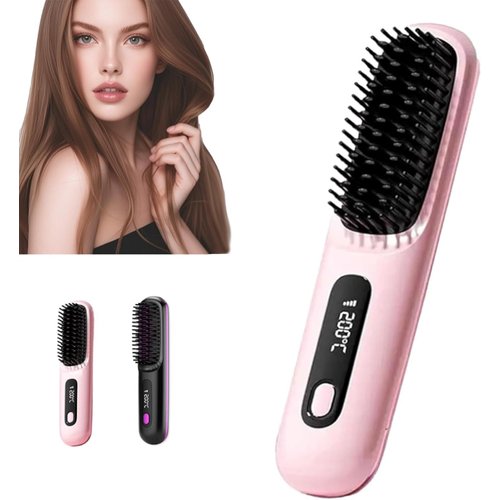 Numoya Portable Straightener Brush - Gobrush Pro, Go Brush Pro Numoya Straightener Rechargeable & Cordless Mini Hair Straightener Comb,Portable Straightening Brush for Travel (Pink)