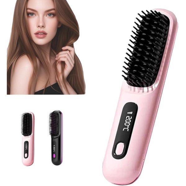 Numoya Portable Straightener Brush - Gobrush Pro, Go Brush Pro Numoya Straightener Rechargeable & Cordless Mini Hair Straightener Comb,Portable Straightening Brush for Travel (Pink)