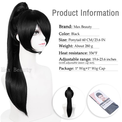 LABEAUTÉ Straight Black Cosplay Wig with Ponytail, Long Black Clip-in Wigs With Bangs Daily Wig Hair Heat Resistant Synthetic Fiber Hair Cosplay Halloween Costume Wig + Wig Cap