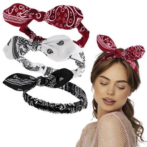 Qianyu 3Pcs Elastic Paisley Bandanas Rabbit Ears Headbands Adjustable Headwraps Retro Turban Cute Knot Hair Accessories Bow Hair Tie for Women Girl Party Prom Yoga Running Fitness Daily Wear