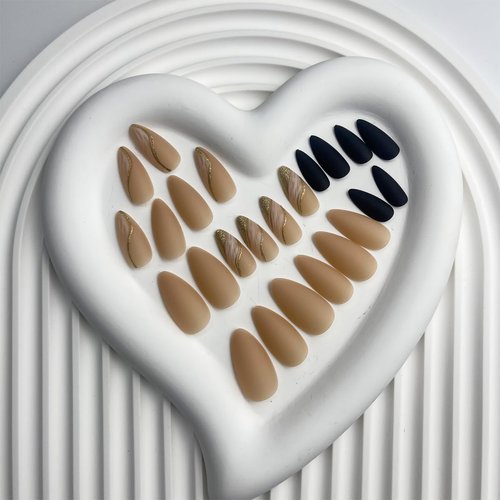 Coffee Press on Nails Medium Almond Fake Nails French Tip with Gold Line Design Black Glue on Nails Full Cover Glossy Brown False Nails Acrylic Stick on Nails for Women Manicure 24pcs