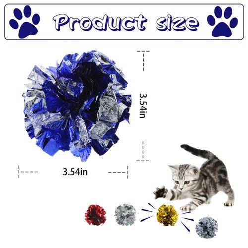 Andiker 3.54inch Mylar Cat Crinkle Balls, 4pcs Colorful and Sparkling Crinkle Ball Lightweight Easy to Carry Cat Ball Toy Interactive Cat Toys for Indoor Cats to Kill Time and Keep Fit (Mixing Color)