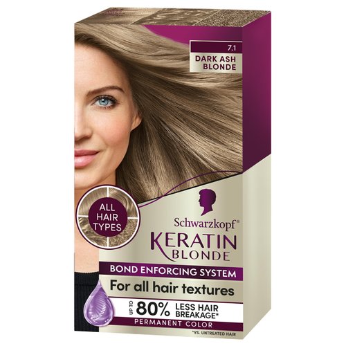 Schwarzkopf Keratin Color Permanent Hair Color, 7.1 Dark Ash Blonde, 1 Application - Salon Inspired Permanent Hair Dye, for up to 80% Less Breakage vs Untreated Hair and up to 100% Gray Coverage