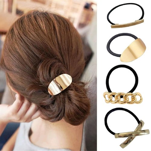 papasgix Metal Hair Ties, Metal Geometric Elastic Hair Ties, Hair Cuff Wrap Hair Ties for Thick Hair Elastic Hair Ties for Women Hair Accessories (Gold)