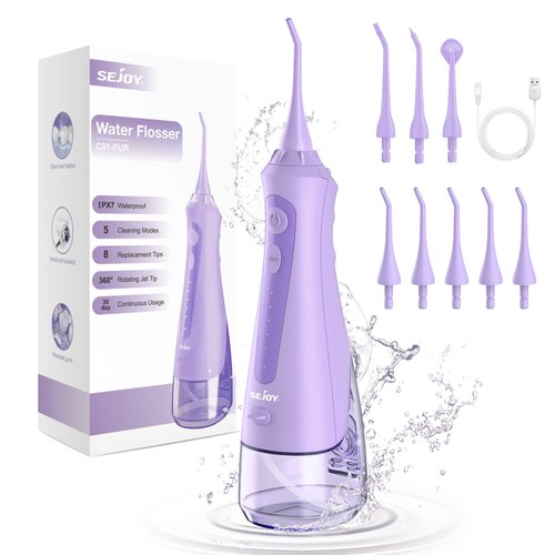 Sejoy Water Flossers for Teeth Cleaning, Water Flosser for Teeth Rechargeable Cordless, Electric Portable, 5 Cleaning Modes 8 Jet Tips, IPX7 Waterproof, 230ml, for Travel and Home