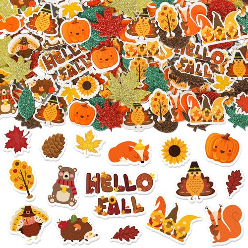 Whaline 600Pcs Hello Fall Foam Stickers Autumn Animal Maple Leaves Glitter Foam Decals Mixed Thanksgiving Self-Adhesive Stickers for DIY Art Craft Scrapbook Journal Decor Party Supplies