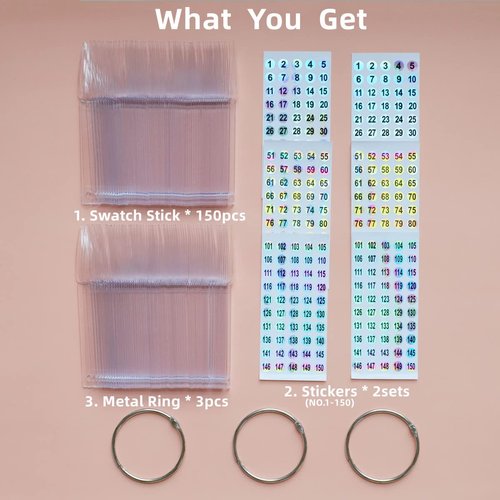 150pcs Nail Swatch Sticks with Number Stickers Nail Color Display Stiletto Tips Clear Nail Sample Sticks with Ring Practice Nail Tips Nail Supplies for Nail Techs Professional Nail Salon