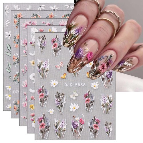 JMEOWIO 6 Sheets 3D Embossed Spring Flower Nail Art Stickers Decals Self-Adhesive Pegatinas Uñas 5D Colorful Summer Floral Lavender Nail Supplies Nail Art Design Decoration Accessories