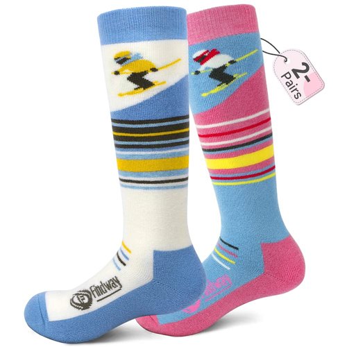 findway Kid's Ski Merino Wool Winter Warm Snowboarding Thermal Socks, 2 Pairs-blue+pink, Small