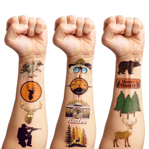 8 Sheets (96PCS) Hunting Tattoos Birthday Party Decorations Supplies Tattoos Stickers Cute Party Favors for Kids Boys Girls Gifts Classroom School Theme Prizes Rewards