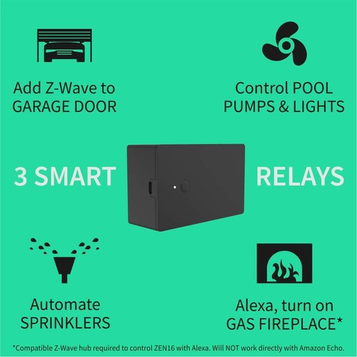 Zooz Z-Wave Plus S2 MultiRelay ZEN16 VER. 2.0 for Garage Doors, Sprinklers, Gas Fireplace; 3 Dry Contact Relays (15A, 15A, 20A); 12-24 V AC/DC or USB C Power; Signal Repeater; Hub Required
