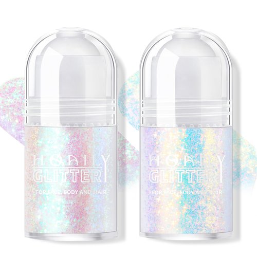 HOSAILY 2 Colors Roll-on Body Glitter Gel, Holographic Glitter Gel Under Light for Body, Hair, Face, Body Shimmer Hair Glitter Gel for Rave Accessories Christmas New Year Halloween Makeup (11+12)