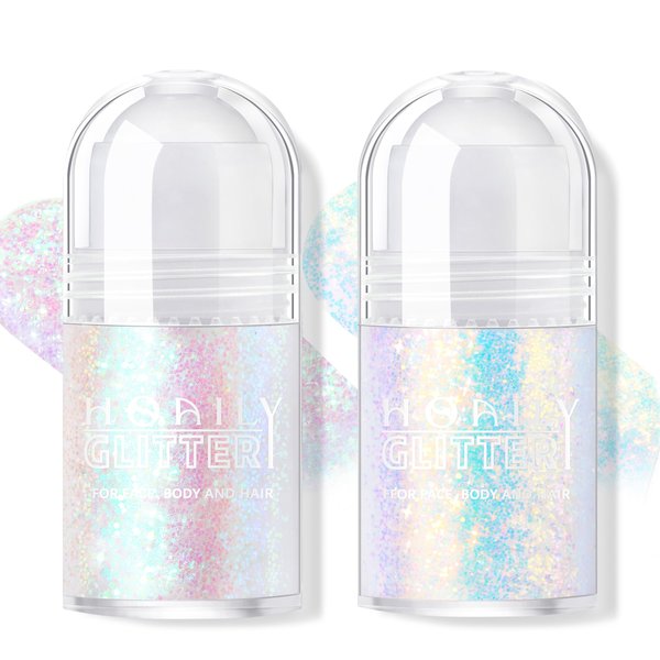 HOSAILY 2 Colors Roll-on Body Glitter Gel, Holographic Glitter Gel Under Light for Body, Hair, Face, Body Shimmer Hair Glitter Gel for Rave Accessories Christmas New Year Halloween Makeup (11+12)