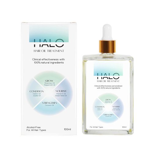 NEW - Halo Hair Oil with 100% Natural & Personalized Ingredients (Castor, Coconut, Rosemary, Jojoba, Peppermint, Vitamin E and Grape Seed Oil)