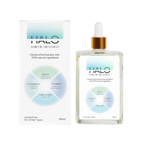 NEW - Halo Hair Oil with 100% Natural & Personalized Ingredients (Castor, Coconut, Rosemary, Jojoba, Peppermint, Vitamin E and Grape Seed Oil)