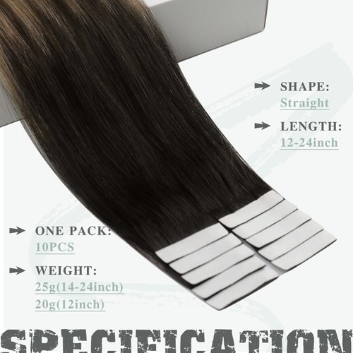 Ve Sunny Black OmbreTape in Hair Extensions Human Hair Balayage Hair Extensions Tape ins Ombre Invisible Tape in Extensions Real Human Hair Black Roots to Dark Brown with Ash Brown 25g 10pcs 18in