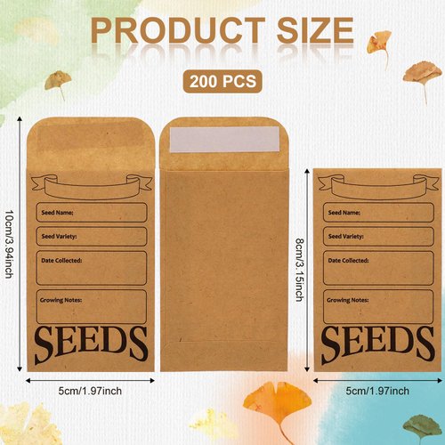 200pcs Seed Envelopes, Reusable Self Sealing Seed Storage Paper Bag Printed with Types Name Template Small Seed Packets for Seeds Saving & Collecting
