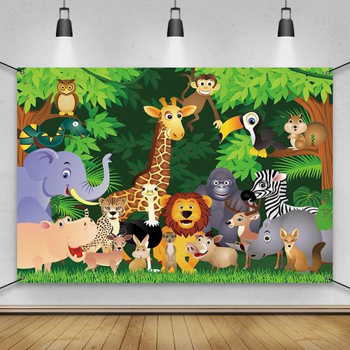 AWERT Polyester 6x3.6ft Cartoon Jungle Animals Banner Jungle Safari Theme Birthday Banner Cartoon Elephant Giraffe Lion Forest Jungle Theme Party Supplies