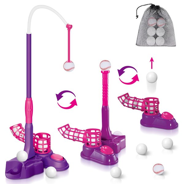 Whimtoyland 4-in-1 Tball Set for Toddlers Kids: T Ball Sets for Kids 3-8 Toddler Baseball Set, Hanging Tee Ball Golf Set Toys, Pitching Machine & 6 Plastic Balls, Outdoor Toddlers Sports Toy, Pink