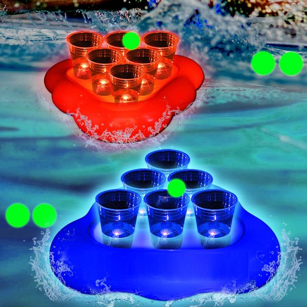 mishunyus 20 Pcs Glow Pool Pong Games,Light Up Floating Pool Games,Pool Party Games for Daytime/Nighttime,2 Inflatable Pong Rack(Red & Blue),12 Glow Cups, 6 Glowing Balls