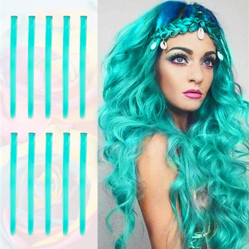 Sofeiyan 10 Pcs Colored Hair Extensions Party Highlights Colorful Clip in Hair Extensions 22 Inch Straight Synthetic Hairpieces for Women Kids Girls Halloween Christmas Cosplay, 10pcs Turquoise