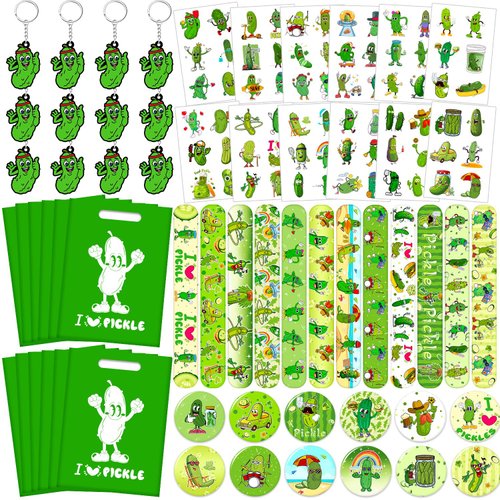 YYMYMGJ Funny Pickle Party Favors, Funny Pickle Temporary Tattoos Slap Bracelets Badges Keychains Gift Bags for Pickle Birthday Party Decorations Supplies for Kids Adults Boys Girls Classroom Rewards