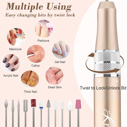 Kredioo Electric Nail Drill 35000RPM Professional Manicure Machine Kit for Acrylic Nails Remove Gel Polish Thick Toe with 11 Bits Easy Build-in Bit Holder Twist Lock Changing Bit
