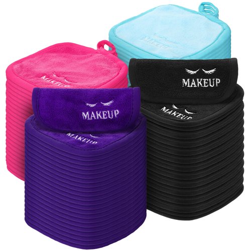 Queekay 48 Pcs Makeup Remover Cloths Reusable Washable Makeup Remover Pads Soft Microfiber Facial Cloths Makeup Towels Holiday Gift for Women, 5 x 5 Inch(Black, Blue, Purple, Rose Red)
