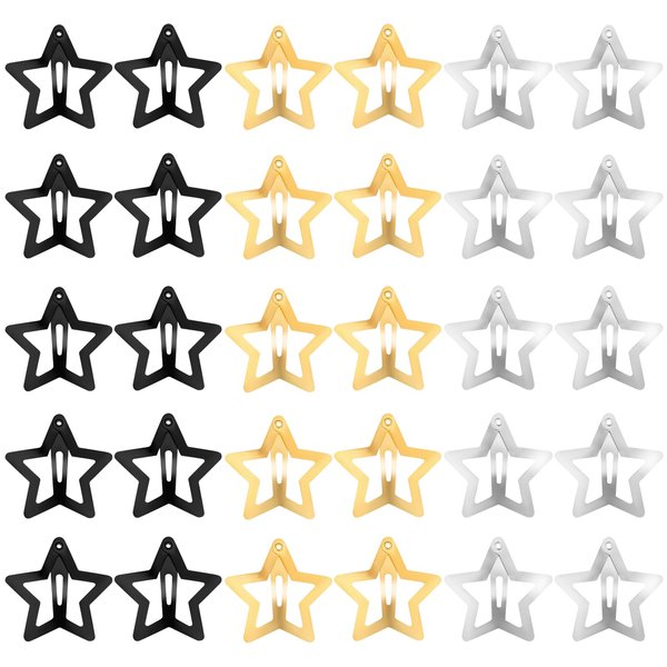 YUXIANLB 30 Pcs Metal Star Hair Clips, 1.6 Inches Portable Non-Slip Metal Snap Clips Hair Barrettes for Kids Girls and Women, Y2K Style Star Cute Hair Accessories (Gold/Silver/Black)