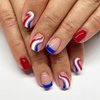 24 Pcs 4th of July Press on Nails Short Square Fake Nails Independence Day Acrylic Nails Glossy Glue on Nails Patriotic Red Blue White Swirl Designs Coffin Nails Tips Full Cover False Nails for Women