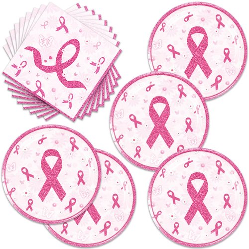 48Pcs Breast Cancer Party Supplies 24 Plates + 24 Napkin Breast Cancer Birthday Party Decorations (breast cancer)